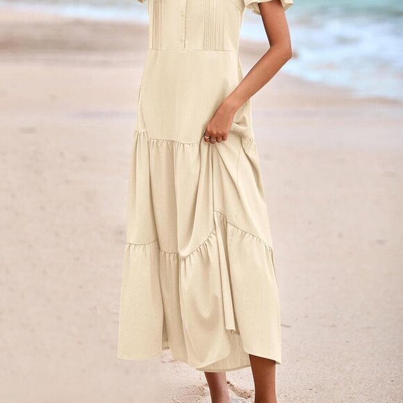 Summer Maxi Dresses for Women 2025 Spring Fashion Short Sleeve Button V Neck Ple - Picture 8 of 8